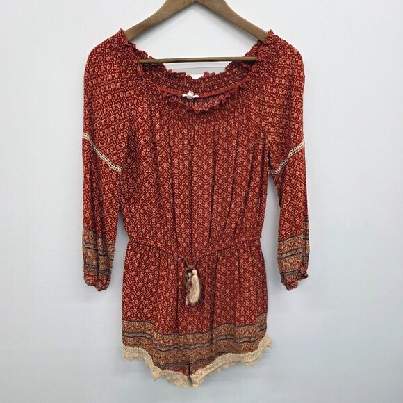 Boho Crochet Trim Off Shoulder Romper Rust Red Womens Size M Festival En Crème - Picture 2 of 12